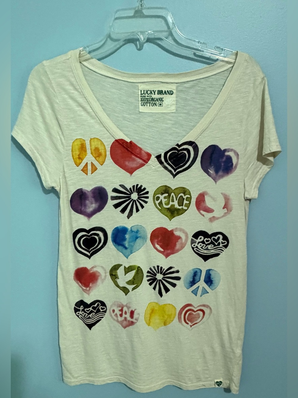 Lucky Brand White V-Neck Tee with Multicolor Heart & Peace Motifs
